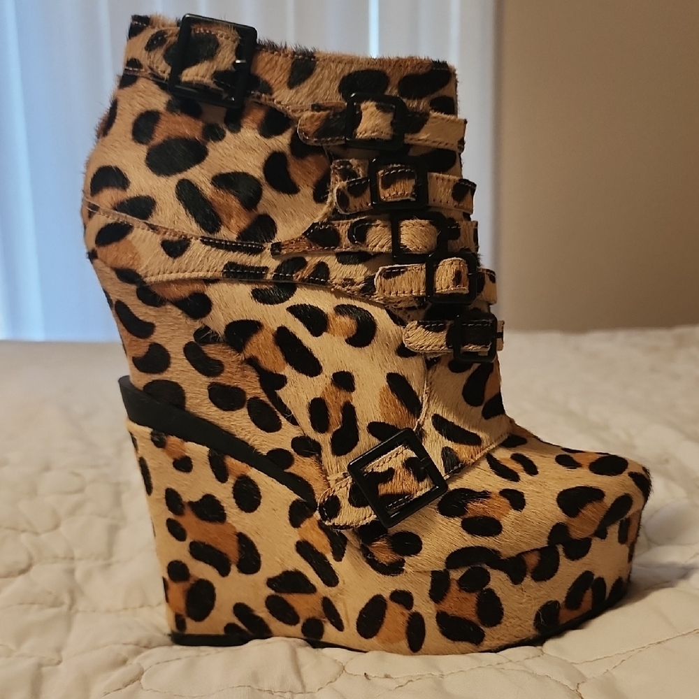 Michael Antonio Brown and Black Wedge Ankle Boots with Leopard Print